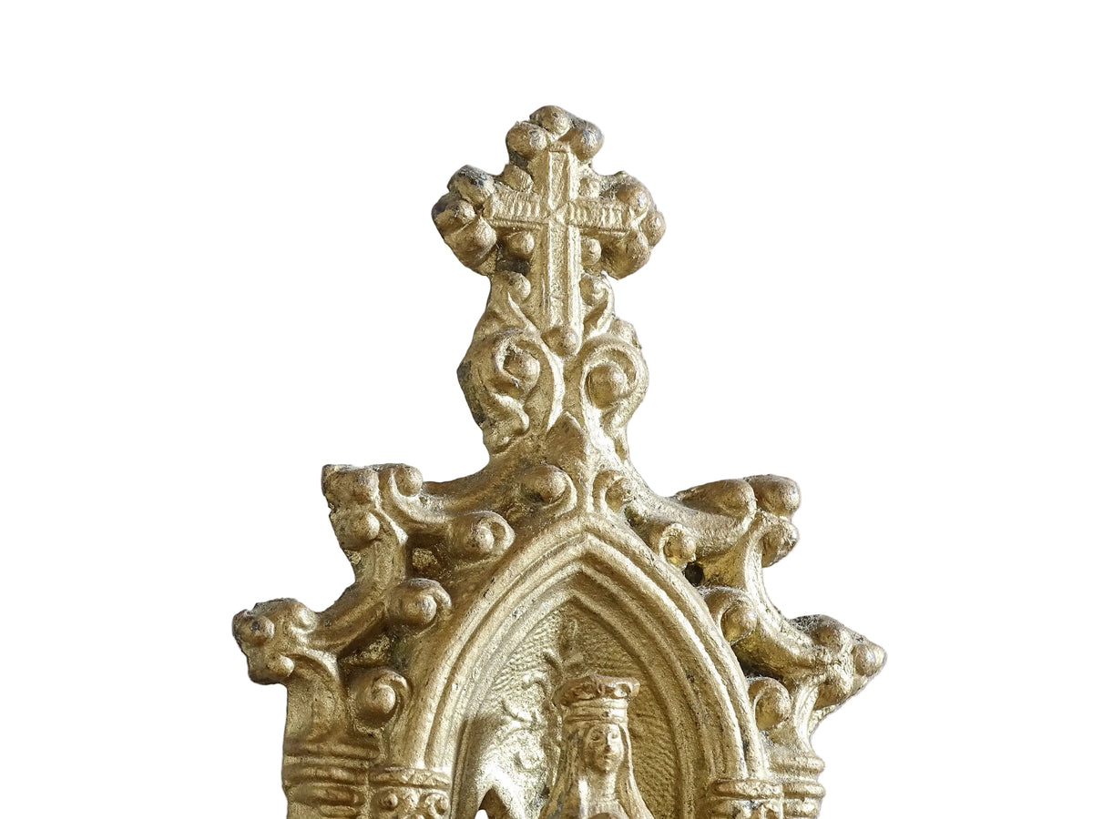French Antique Holy Water Font with Virgin Mary Statue. This is a decorative gilt metal wall plaque from the early 1900's.