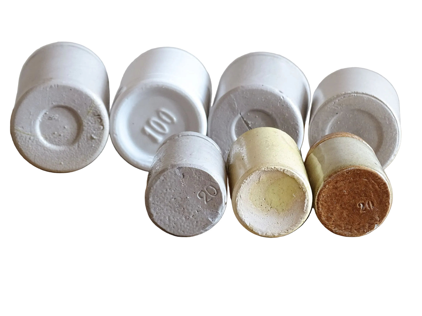 A set of seven small French vintage stoneware pots. This collection of pottery jars would look amazing as part of a rustic French farmhouse style home. Display in your kitchen as part of your shelf decor.