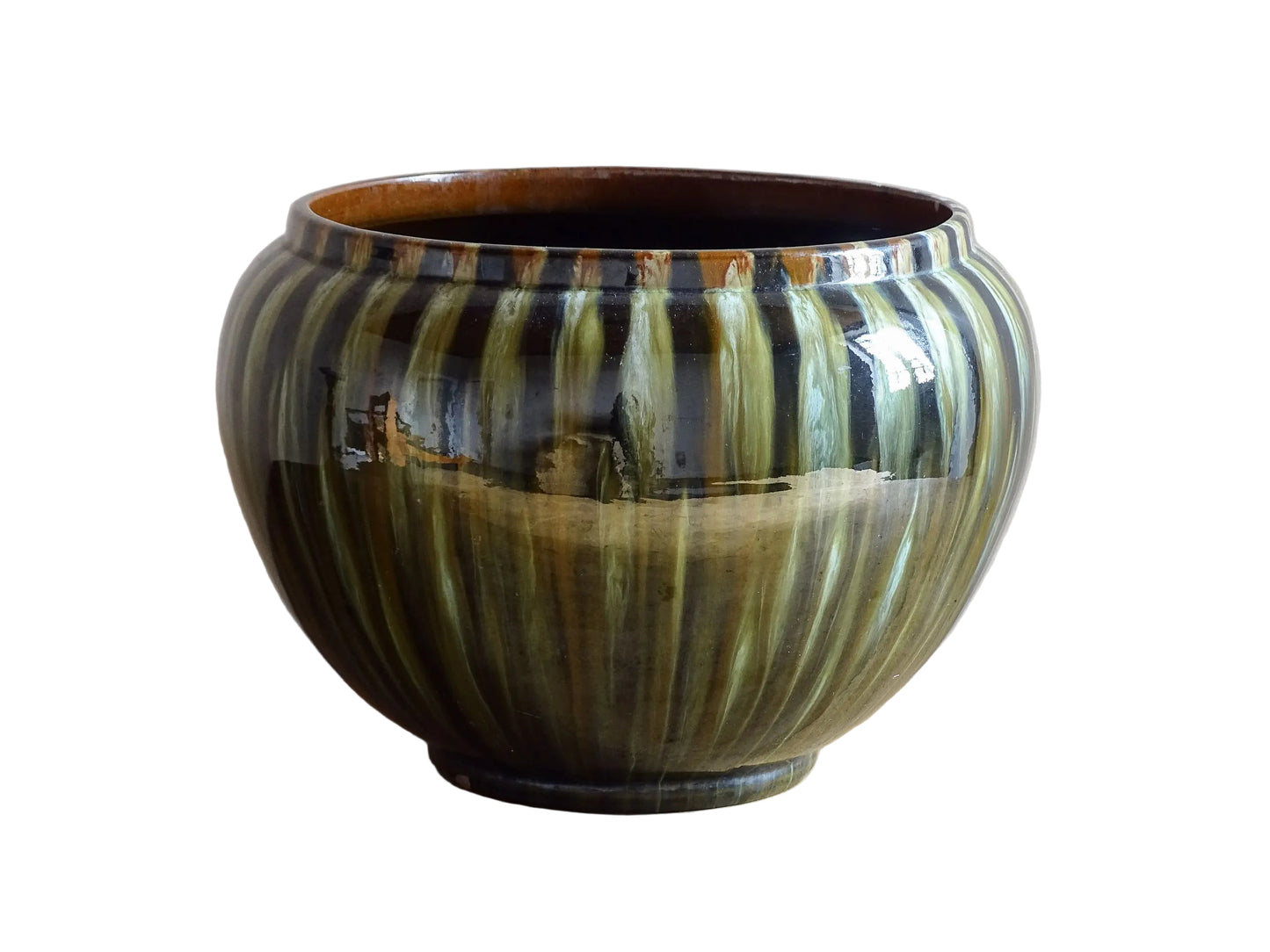 A large French antique Art Nouveau ceramic planter or jardiniere. This bulbous antique cache pot in terracotta, has a high gloss, flowing glaze in olive green, brown and black with vertical runs. Circa 1900.