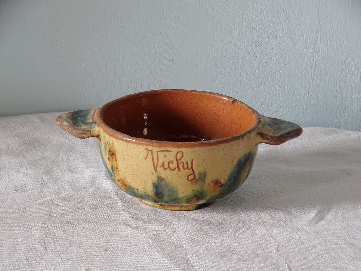 French vintage ceramic souvenir bowl with sponge glaze from Vichy