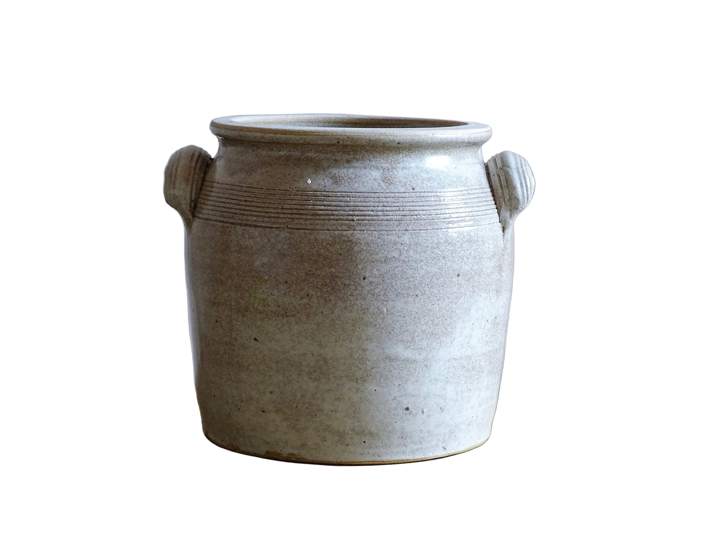 Large French antique stoneware confit pot with a grey beige glaze. This glazed pottery cache pot dates to the early 20th century and would look amazing as part of a rustic French farmhouse style home.