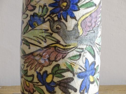 Antique Kutahya style pottery bottle with cobalt blue floral decoration.