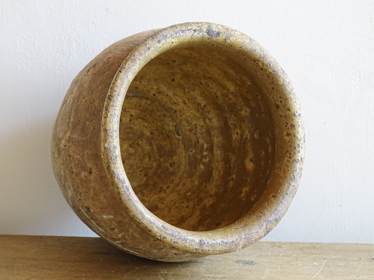 Beautiful French antique confit pot with yellow glaze to the interior and an aged, unglazed terracotta exterior finish.