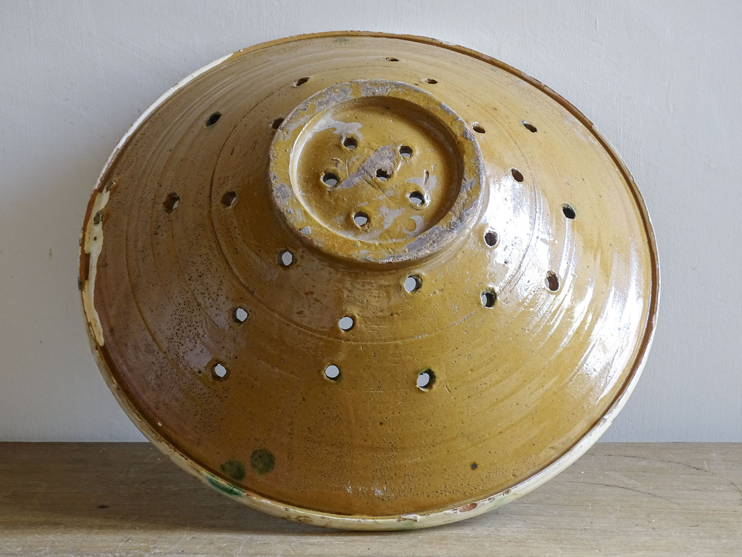 Large French vintage earthenware colander for kitchen or table use