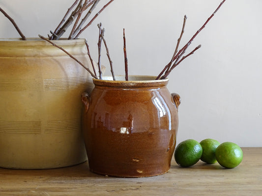 French antique stoneware preserving jar with a brown glaze. Rustic pottery cache pot with a high gloss glaze.