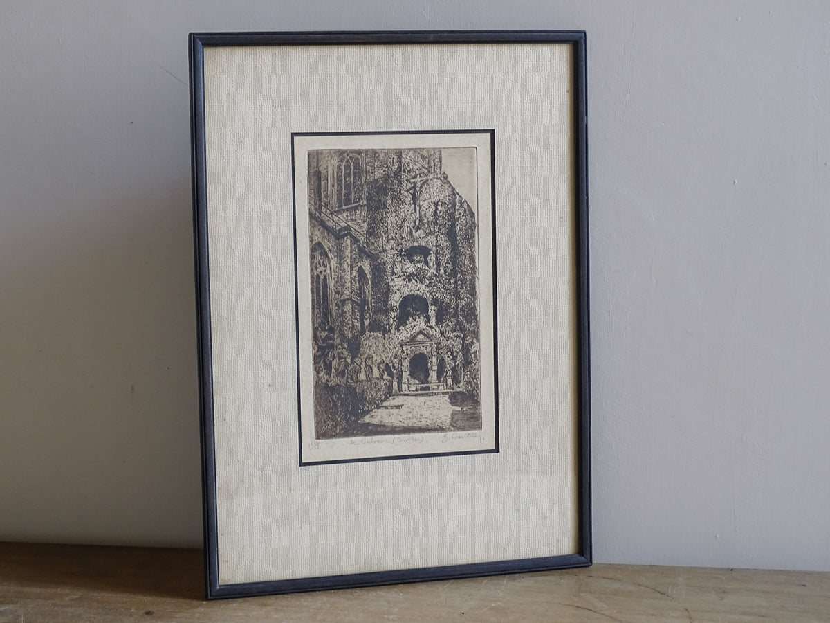 Vintage framed Belgian print depicting a calvary and ecclesiastical courtyard