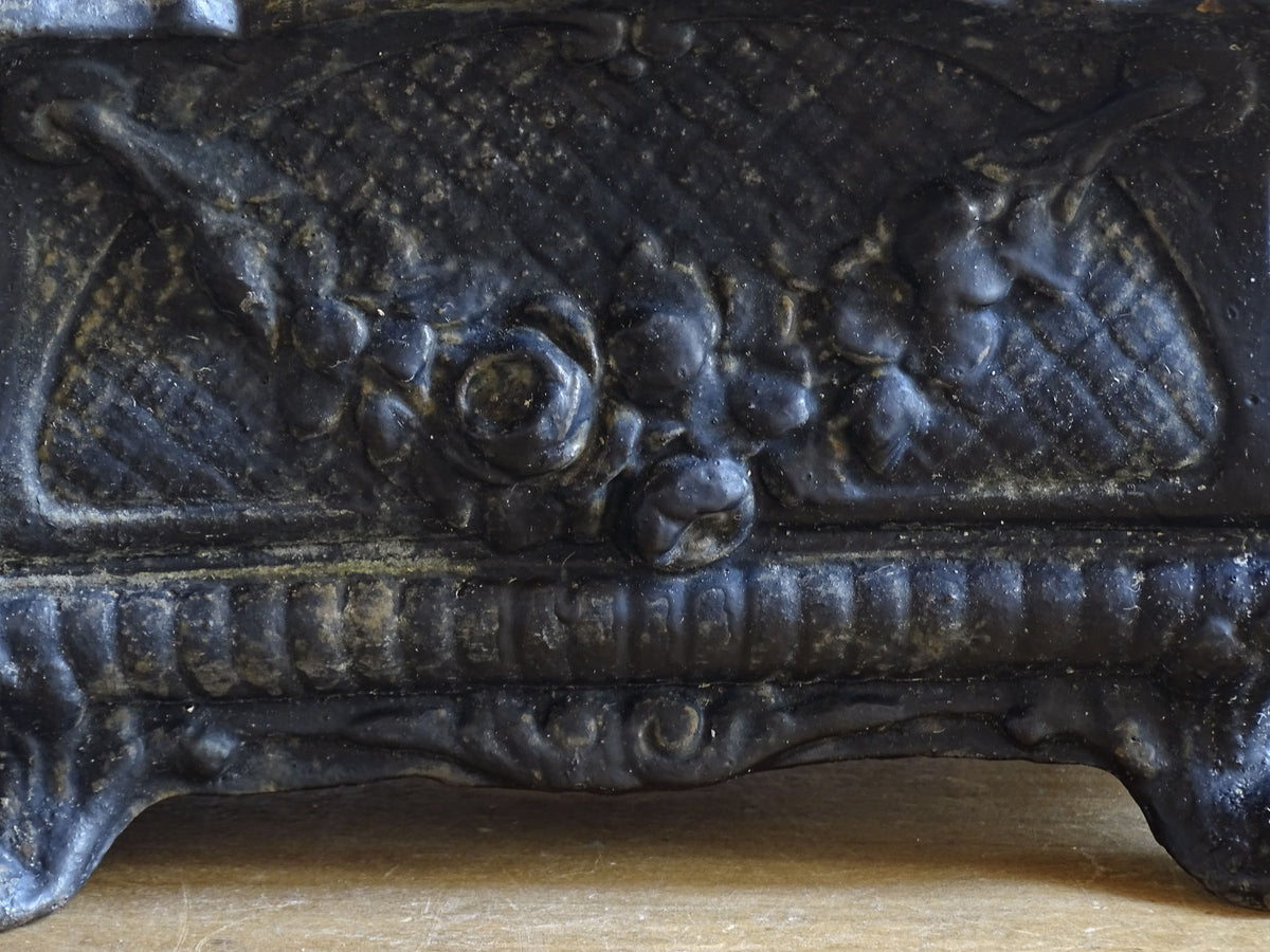 French antique planter with floral garland panel in cast iron