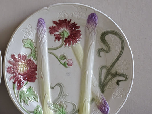 Antique Saint Clément majolica asparagus plate with raised floral decoration
