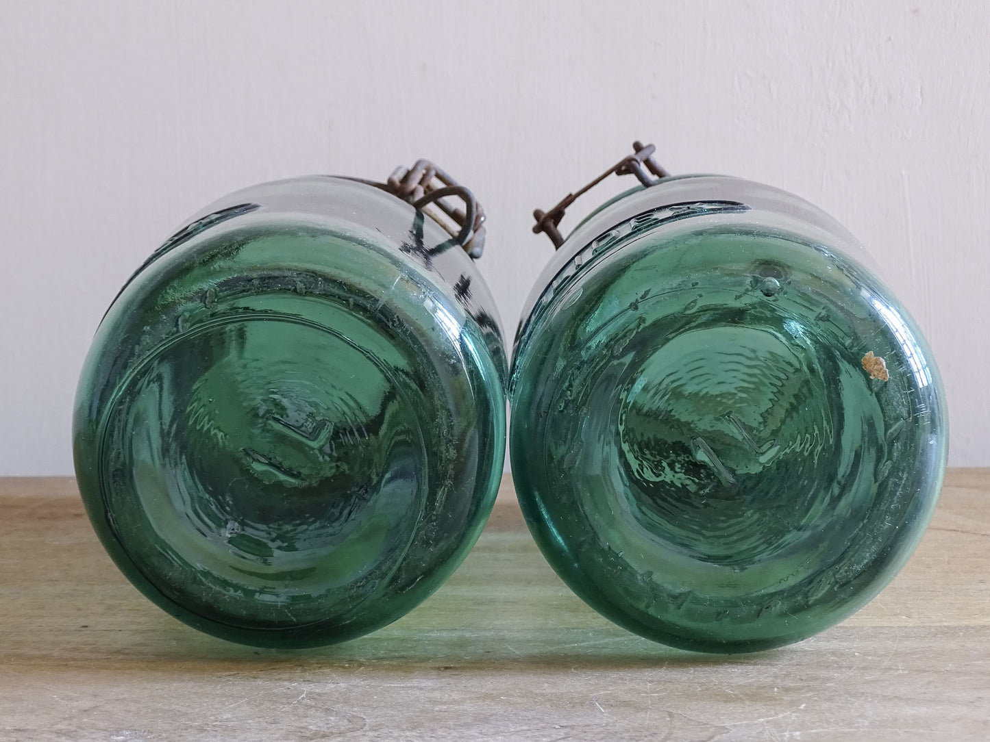 French country kitchen storage jars in thick blue green vintage glass