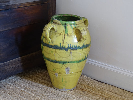 Large Tunisian Glazed Earthenware Amphora Vase with Yellow and Green Decoration 16.1"
