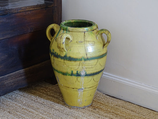 Large Tunisian Glazed Earthenware Amphora Vase with Yellow and Green Decoration 16.1"
