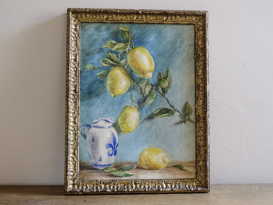 Framed Vintage Lemon Watercolour Painting with Blue and White Jug