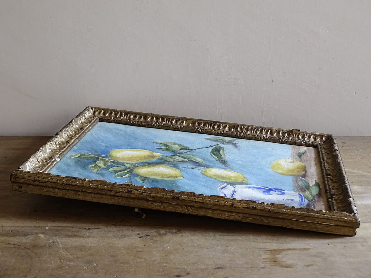 Vintage Lemon Watercolour with Blue and White Pitcher in Gilt Frame