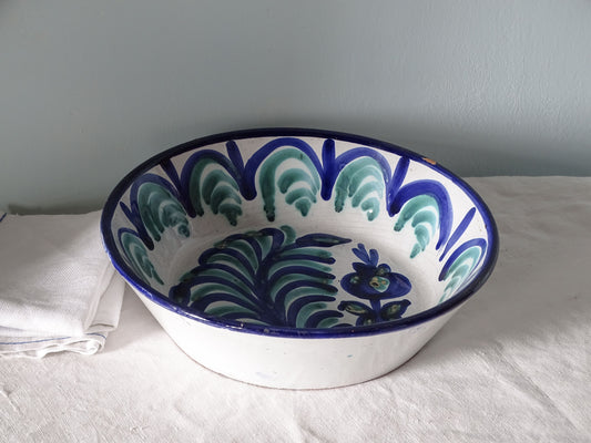 Spanish vintage Fajalauza pottery lebrillo bowl with blue and green glaze