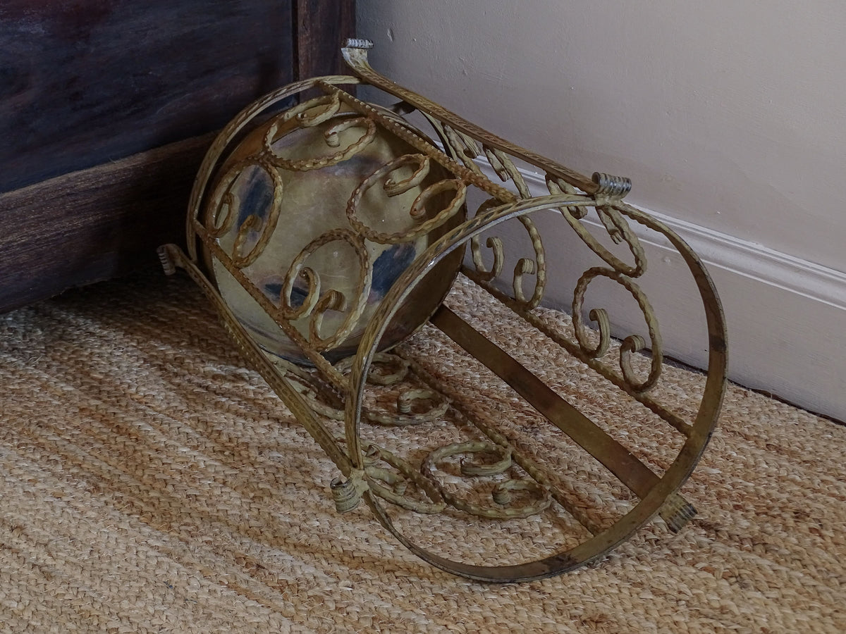 French vintage umbrella holder with ornate scrollwork and aged patina finish