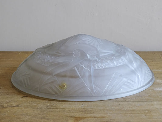 Vintage French frosted glass ceiling light shade with Art Deco dove design.