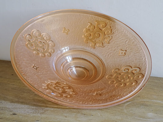 Large French Art Deco pink pressed glass pendant light shade