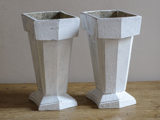 Pair of vintage French aluminium vases with weathered interiors and aged green patina from previous use.