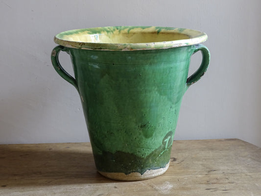 Antique green glazed French planter with twin loop handles