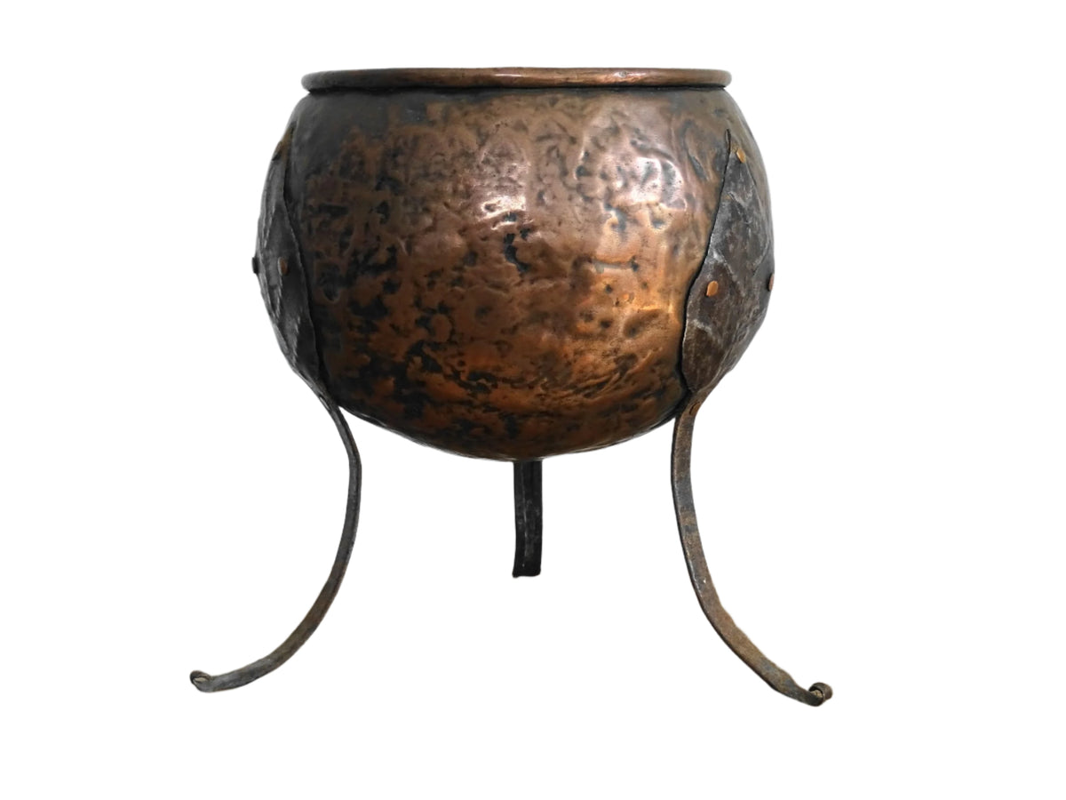 Antique Arts and Crafts Copper Planter with Tripod Base and Leaf Design