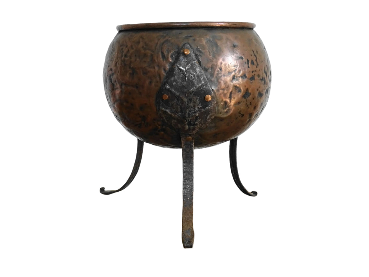 Antique Arts and Crafts Copper Planter with Tripod Base and Leaf Design