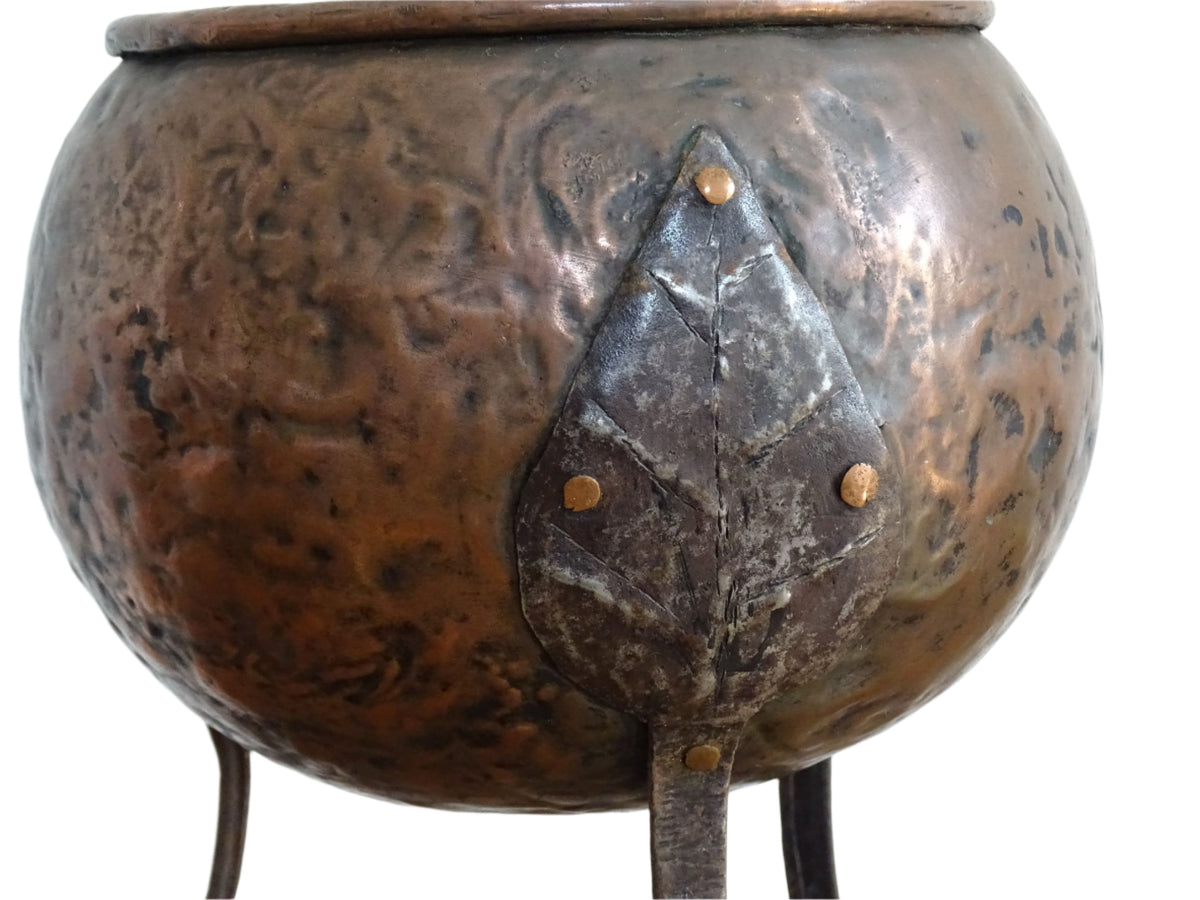 Antique Arts and Crafts Copper Planter with Tripod Base and Leaf Design
