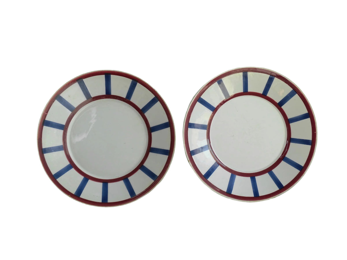 Pair of Antique Basque Side Plates Bearn HBCM with Red and Blue Check