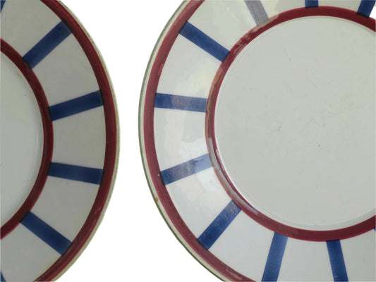 Pair of Antique Basque Side Plates Bearn HBCM with Red and Blue Check