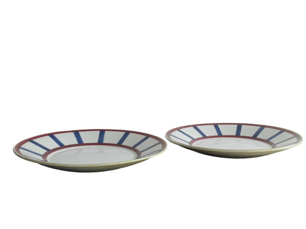 Pair of Antique Basque Side Plates Bearn HBCM with Red and Blue Check