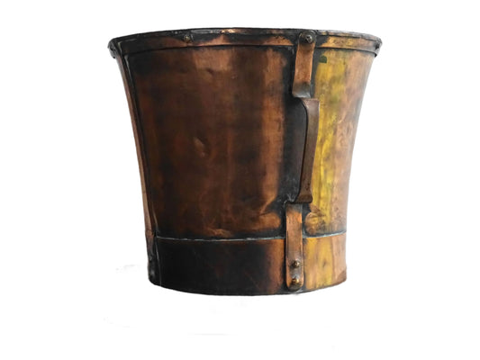 Large antique French copper pail with aged finish, originally used as a water vessel, shown on a plain white background.