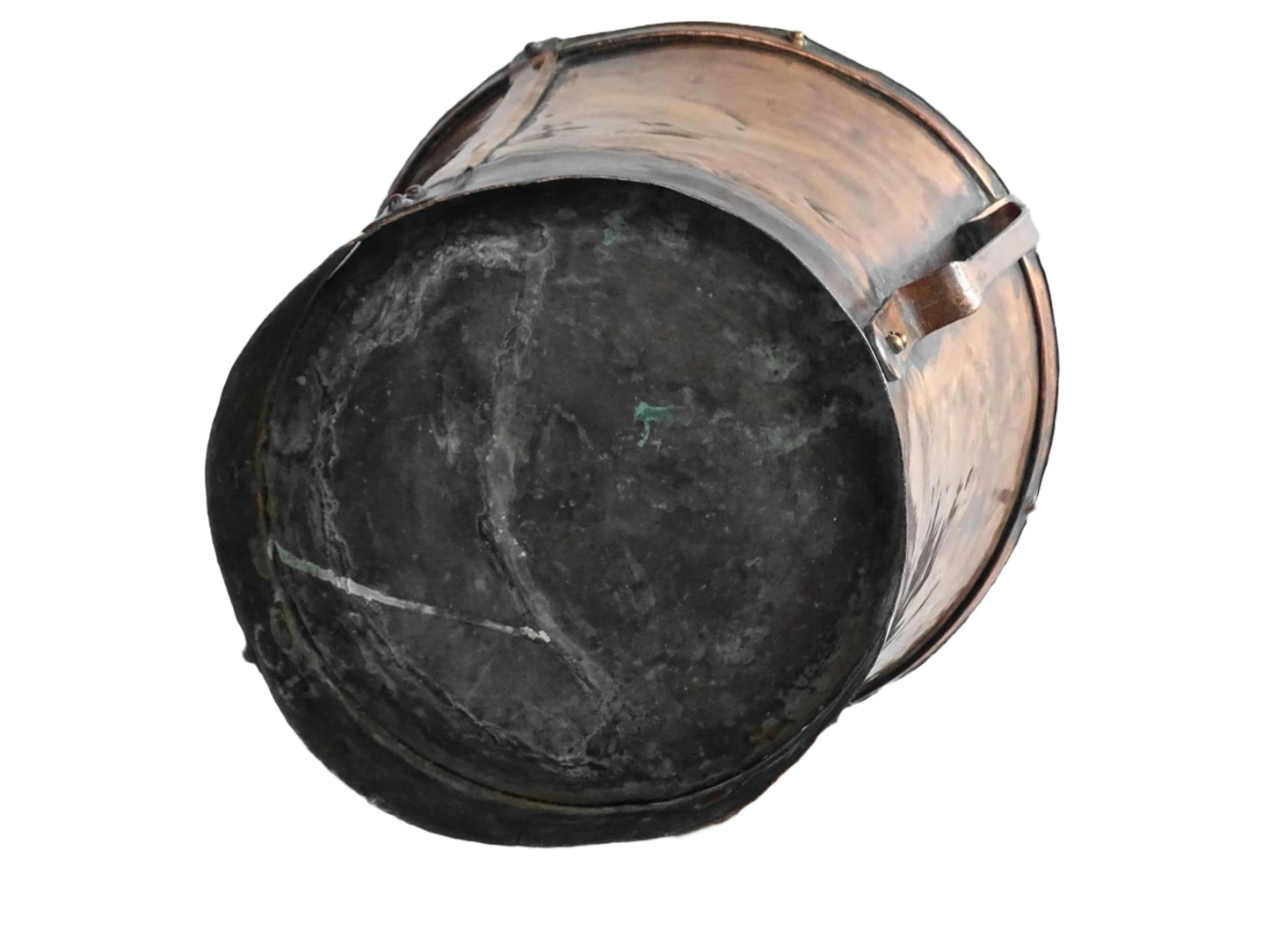 Large antique French copper pail with aged finish, originally used as a water vessel, shown on a plain white background.