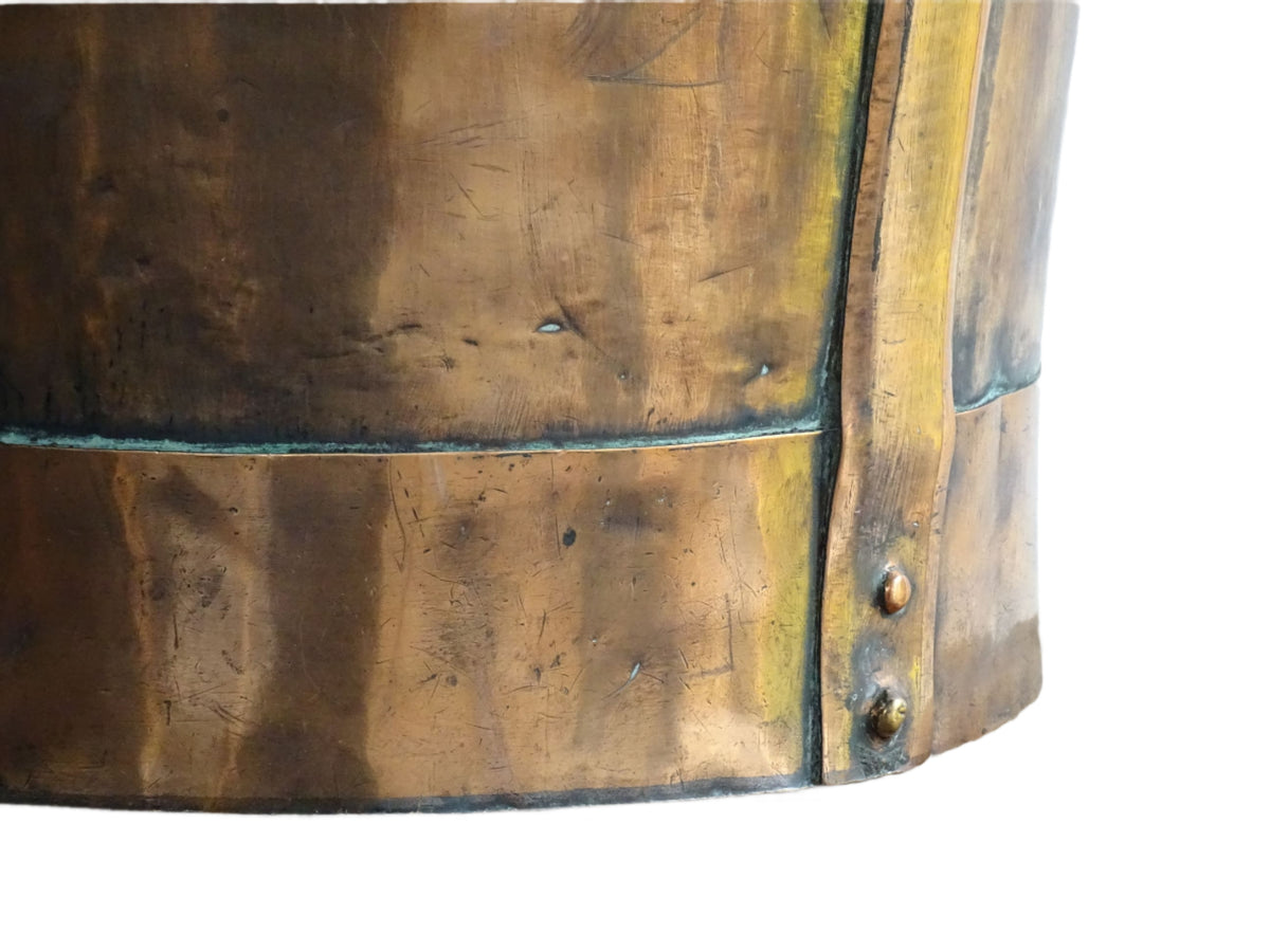 Large antique French copper pail with aged finish, originally used as a water vessel, shown on a plain white background.