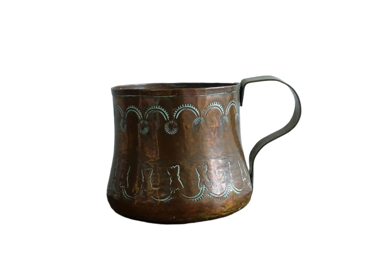 Antique Copper Tankard with Etched Design and Brass Handle