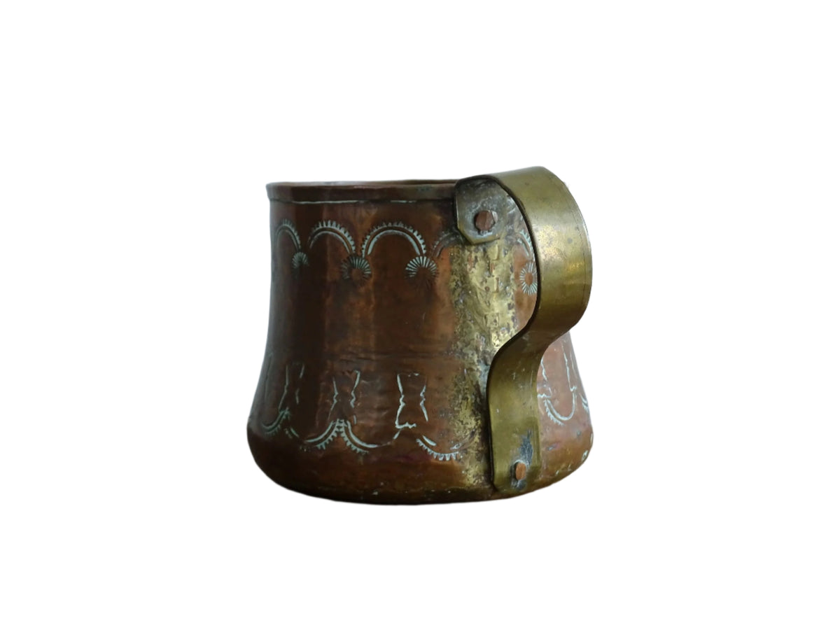 Antique Copper Tankard with Etched Design and Brass Handle