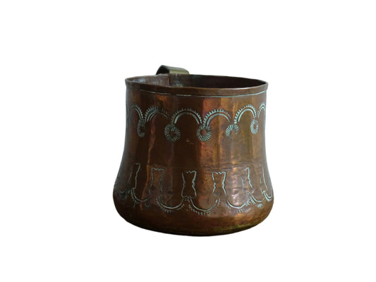 Antique Copper Tankard with Etched Design and Brass Handle