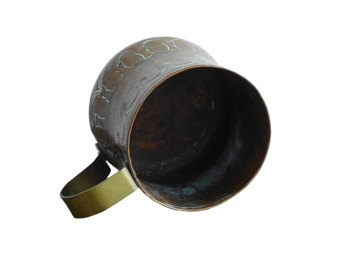 Antique Copper Tankard with Etched Design and Brass Handle