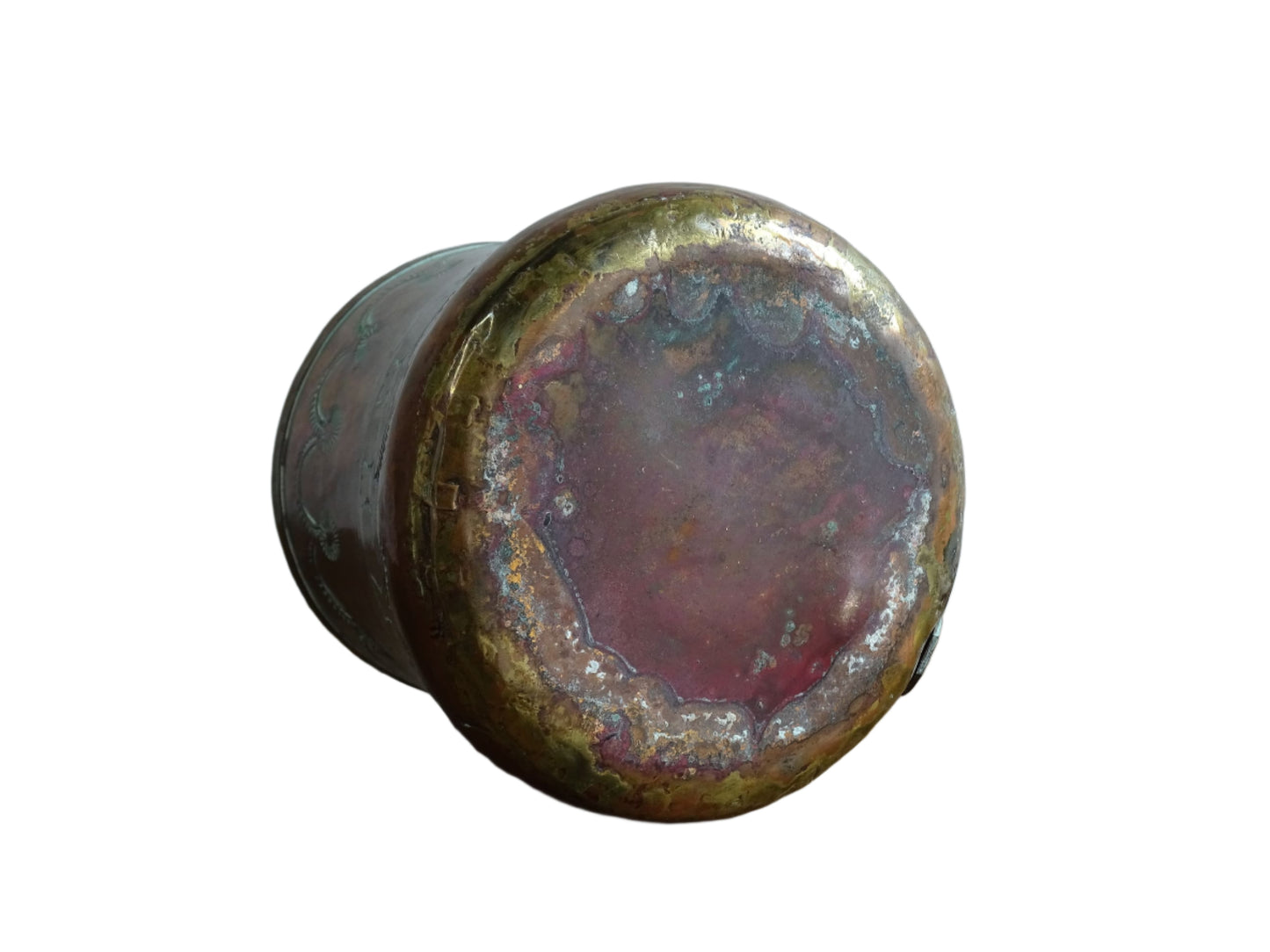 Antique Copper Tankard with Etched Design and Brass Handle