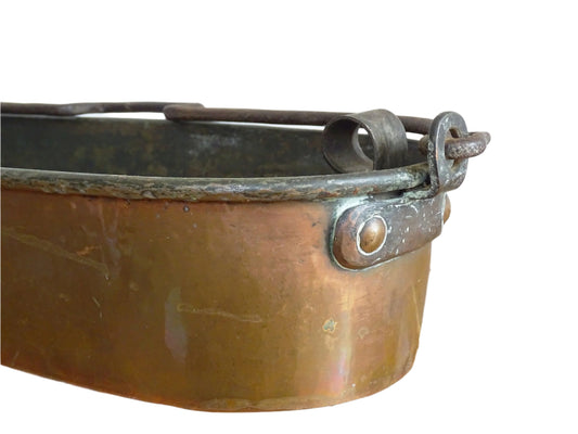 Antique French Copper Poissonnière, Fish Kettle or Fish Poacher with Wrought Iron Handle