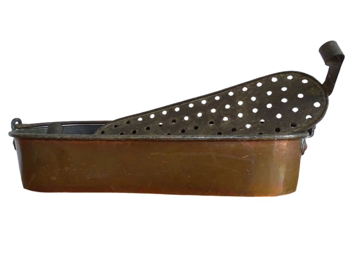 Antique French Copper Poissonnière, Fish Kettle or Fish Poacher with Wrought Iron Handle