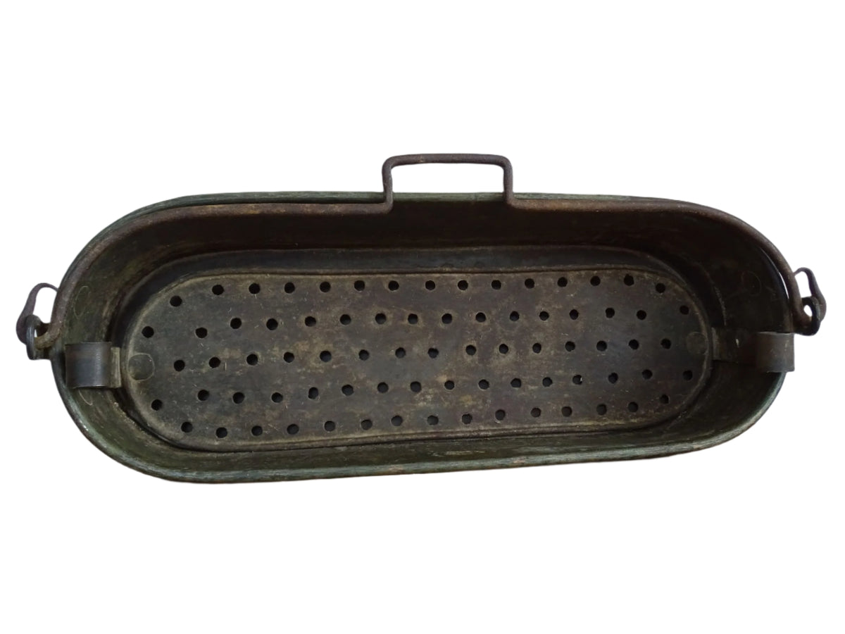 Antique French Copper Poissonnière, Fish Kettle or Fish Poacher with Wrought Iron Handle