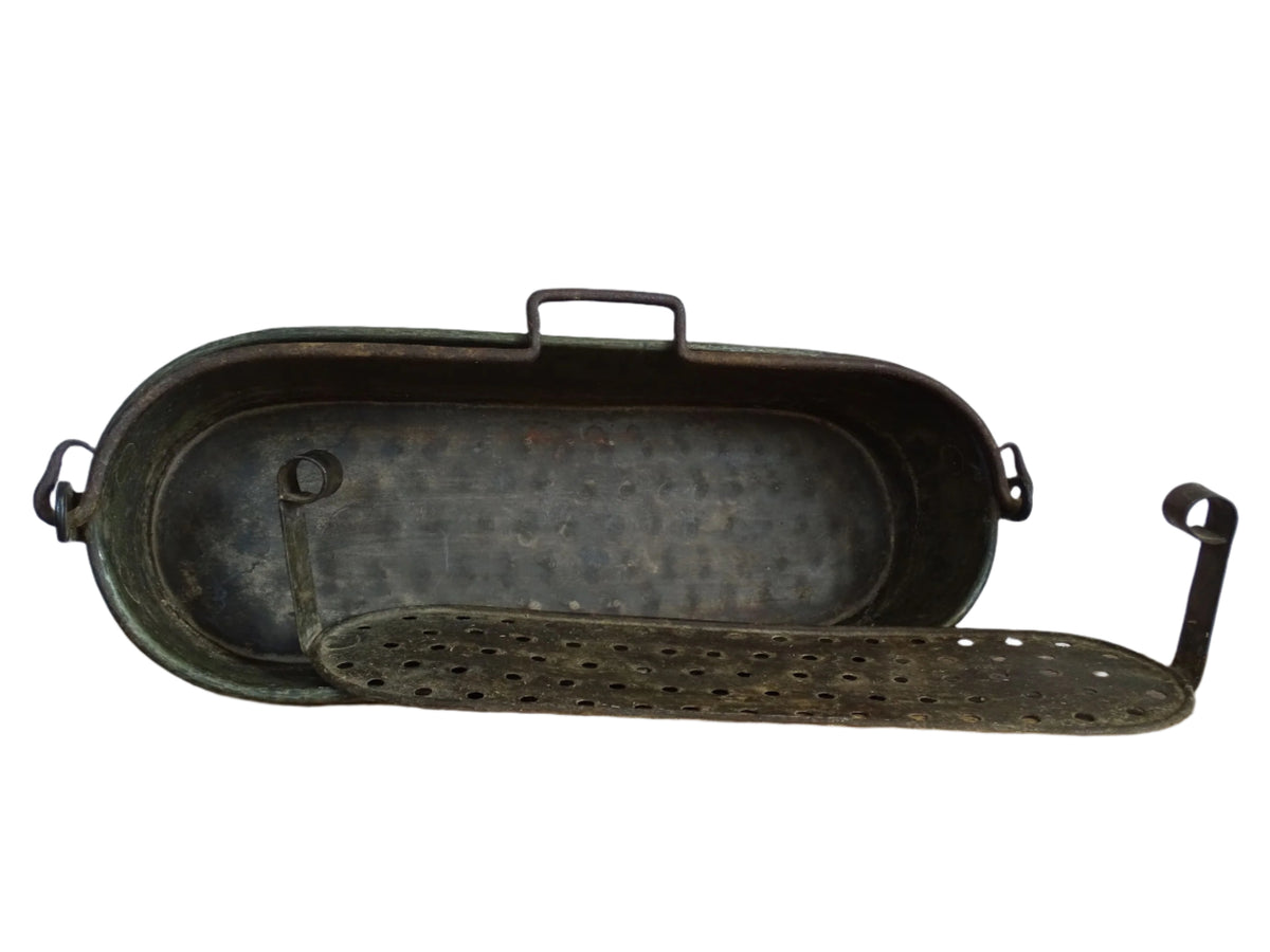 Antique French Copper Poissonnière, Fish Kettle or Fish Poacher with Wrought Iron Handle