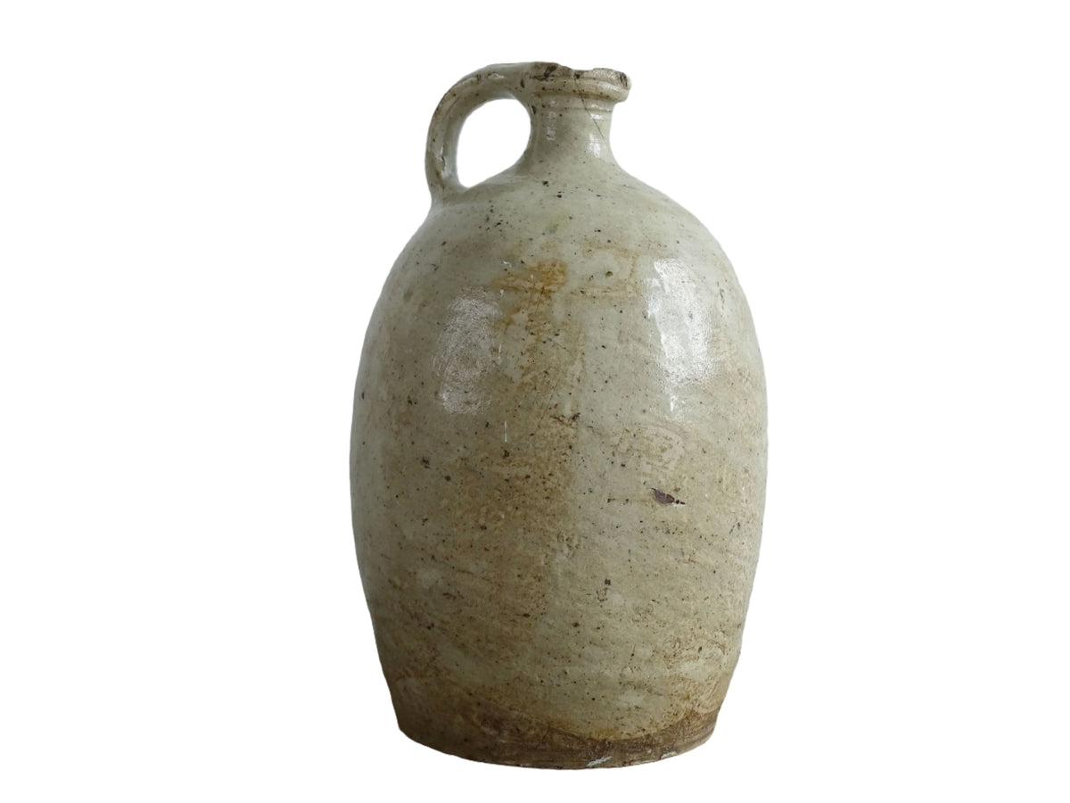 Antique French Stoneware Pitcher with Oatmeal Glaze for French farmhouse kitchen.