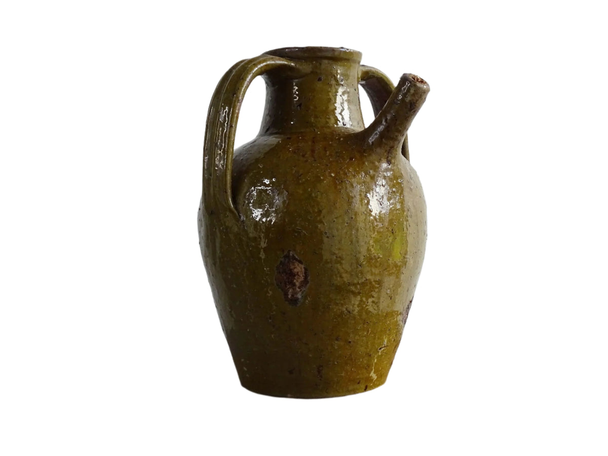 Antique French Terracotta Walnut Oil Jug with Green Glaze