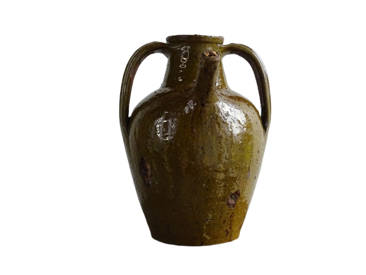 Antique French Terracotta Walnut Oil Jug with Green Glaze