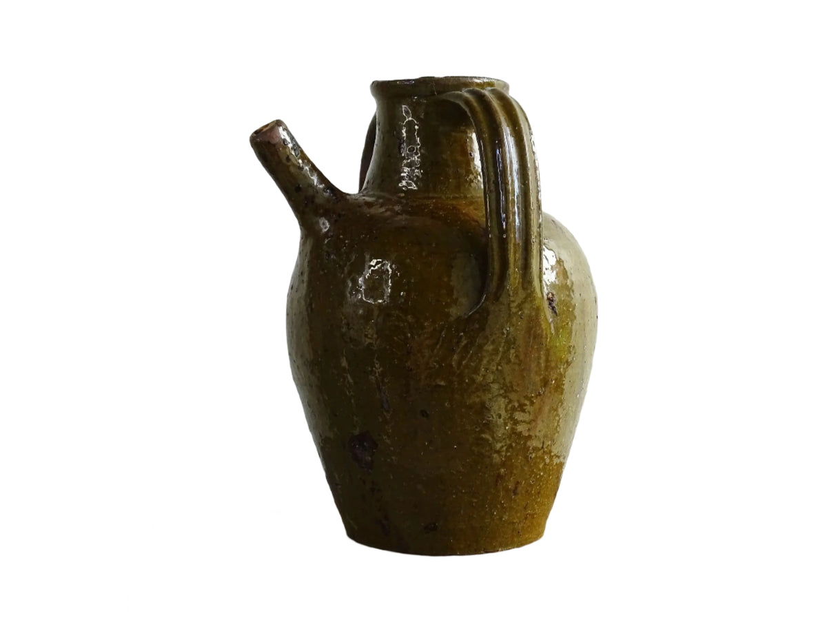 Antique French Terracotta Walnut Oil Jug with Green Glaze