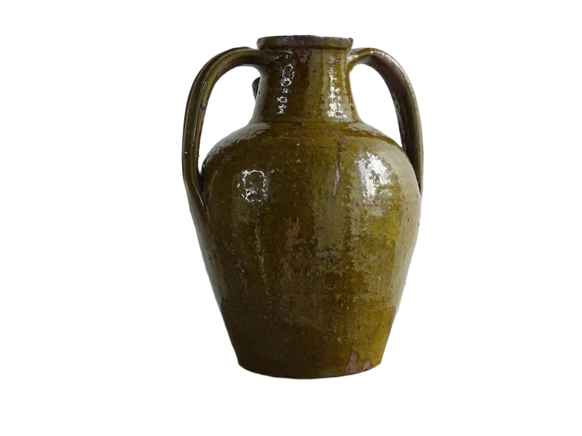 Antique French Terracotta Walnut Oil Jug with Green Glaze
