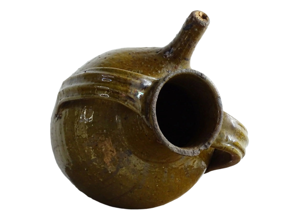 Antique French Terracotta Walnut Oil Jug with Green Glaze