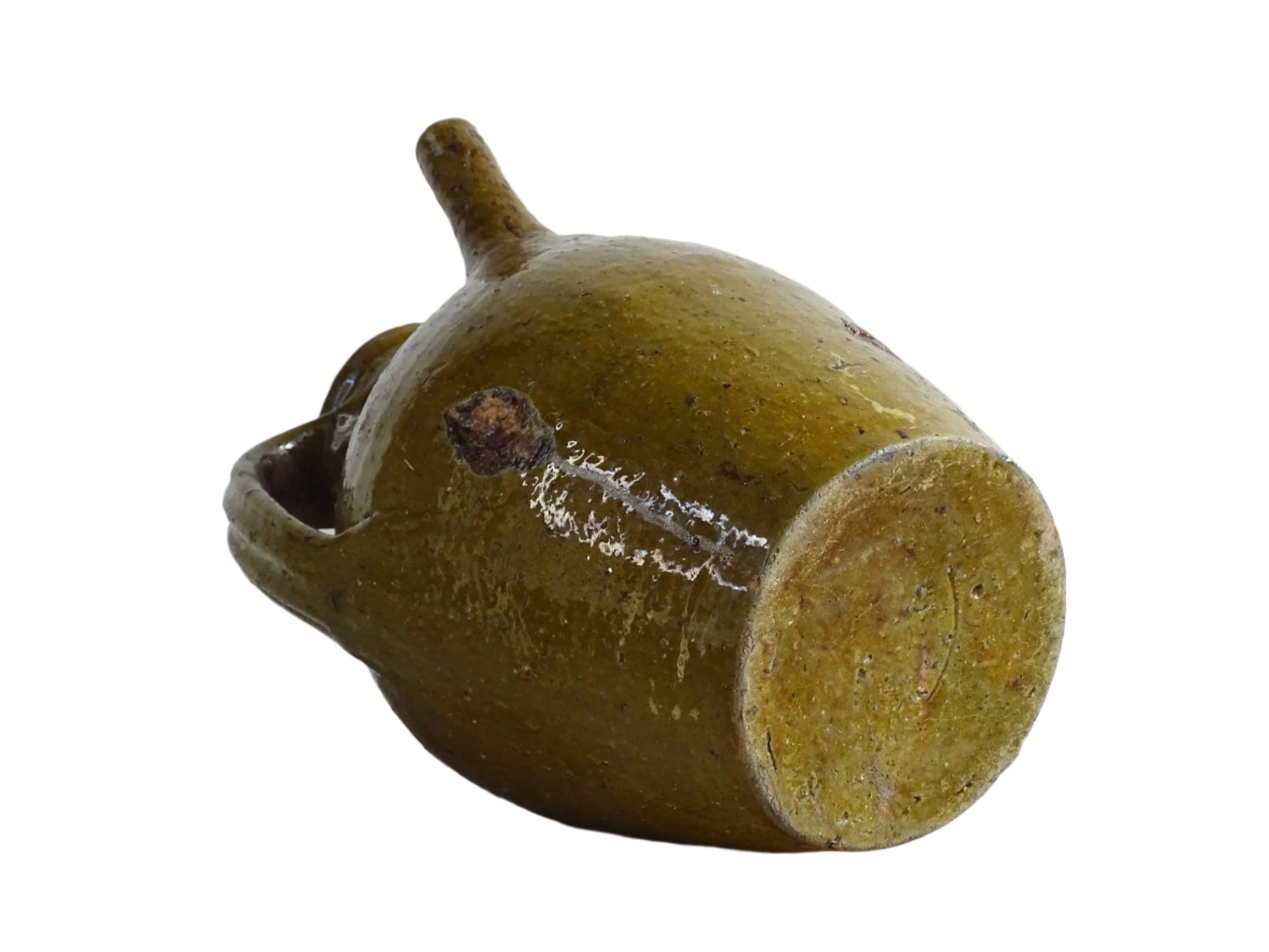 Antique French Terracotta Walnut Oil Jug with Green Glaze