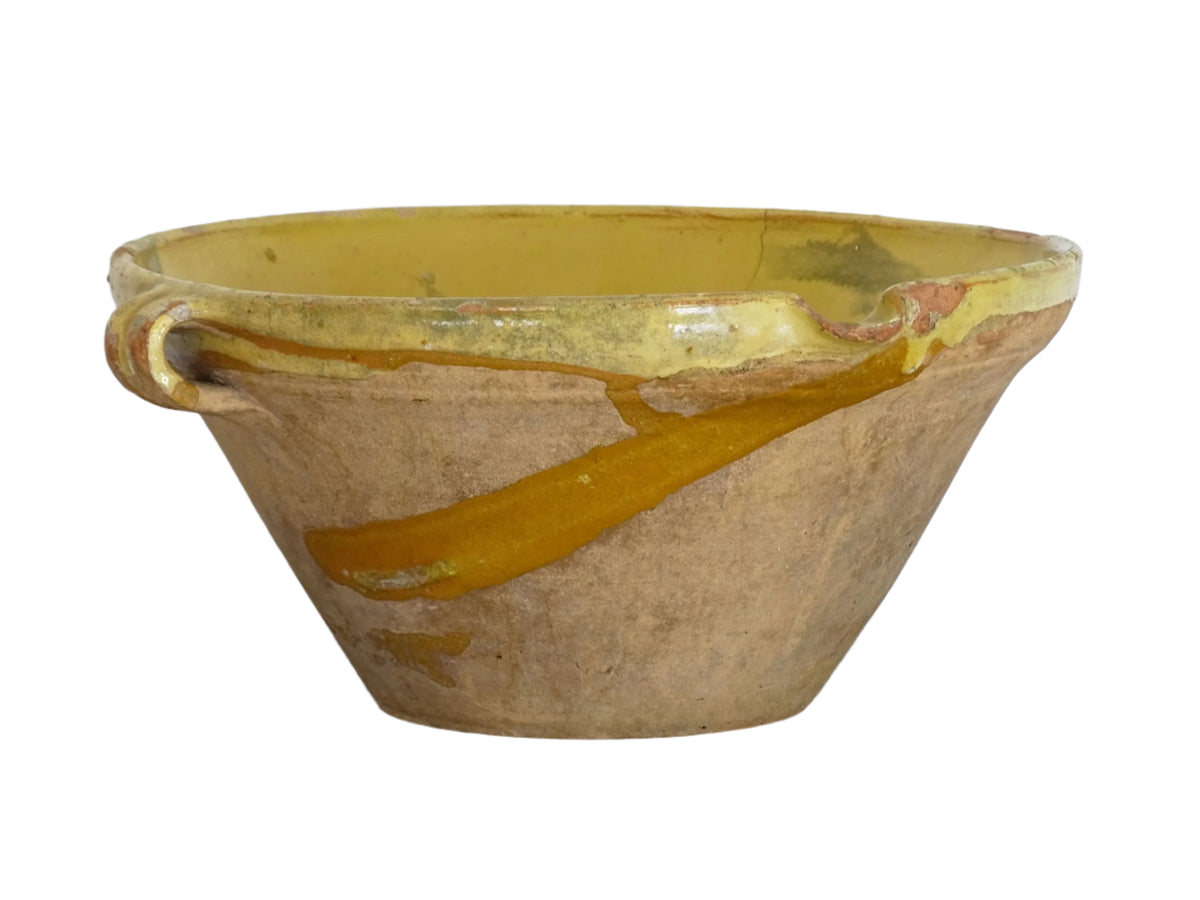 Antique French Tian Bowl with Yellow Glaze, the Earthenware Terracotta bowl or confit bowl has patina and an unglazed exterior