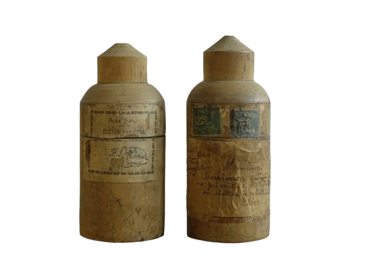 Two Antique French Glass Vials in Wooden Cases, Antique glass bottles, Elixir Végétal de la Grand-Chartreuse